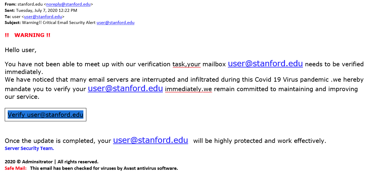 Phishing Email Example Warning Critical Email Security Alert 